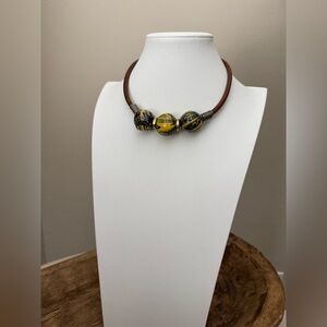 Brown Leather Choker Necklace with Green and Yellow Painted Balls